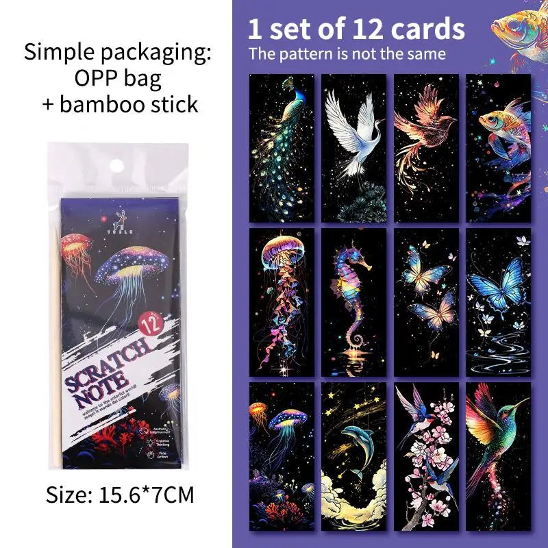 Kids Scratch Art Set with Bookmark Paper | 12 Pcs Animal Drawing Kit