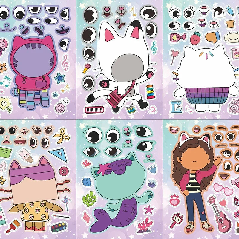 Gabby's Dollhouse Make A Face Puzzle Stickers | 6 Sheets DIY Cartoon Sticker Set