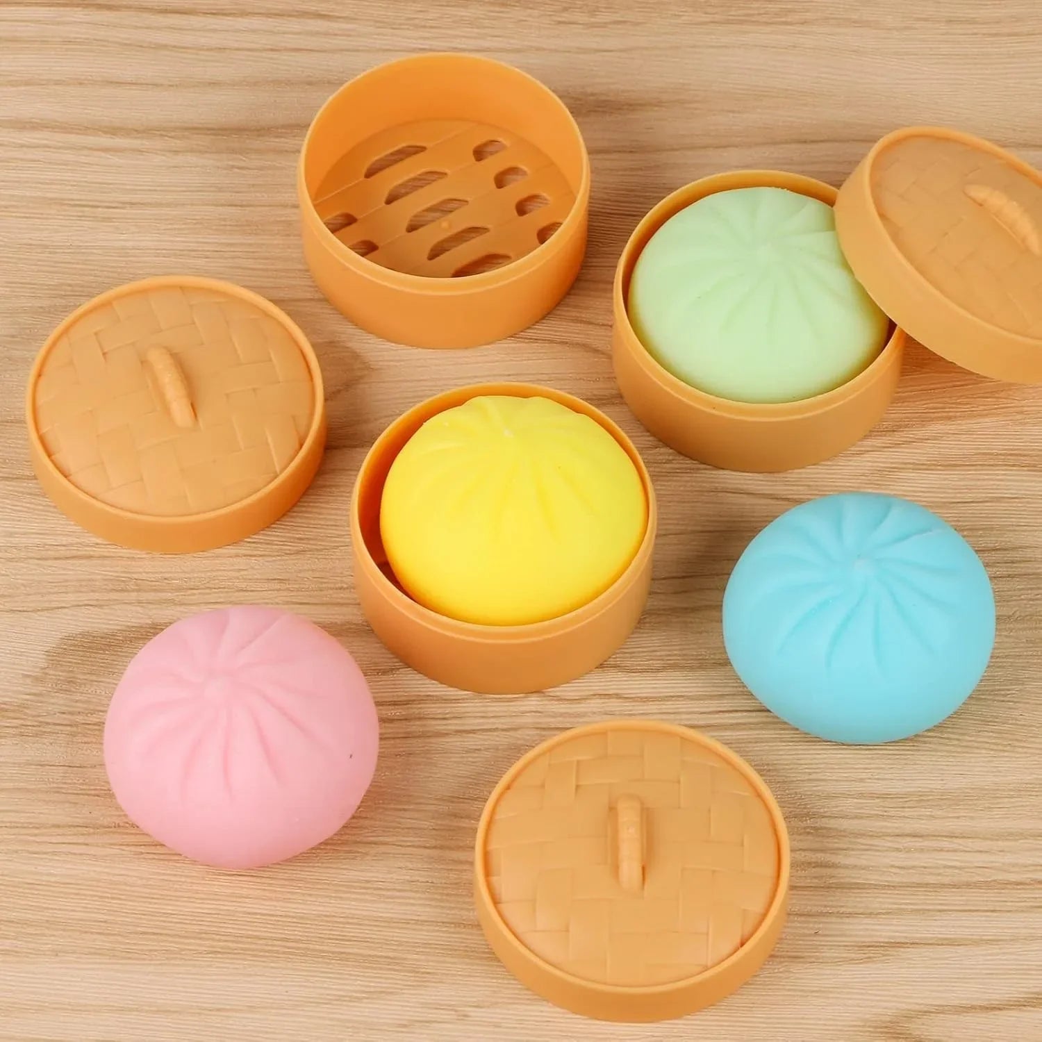 Colorful Dumpling Squishy Stress Ball | Simulation Food Bun with Steamer Fidget Toy