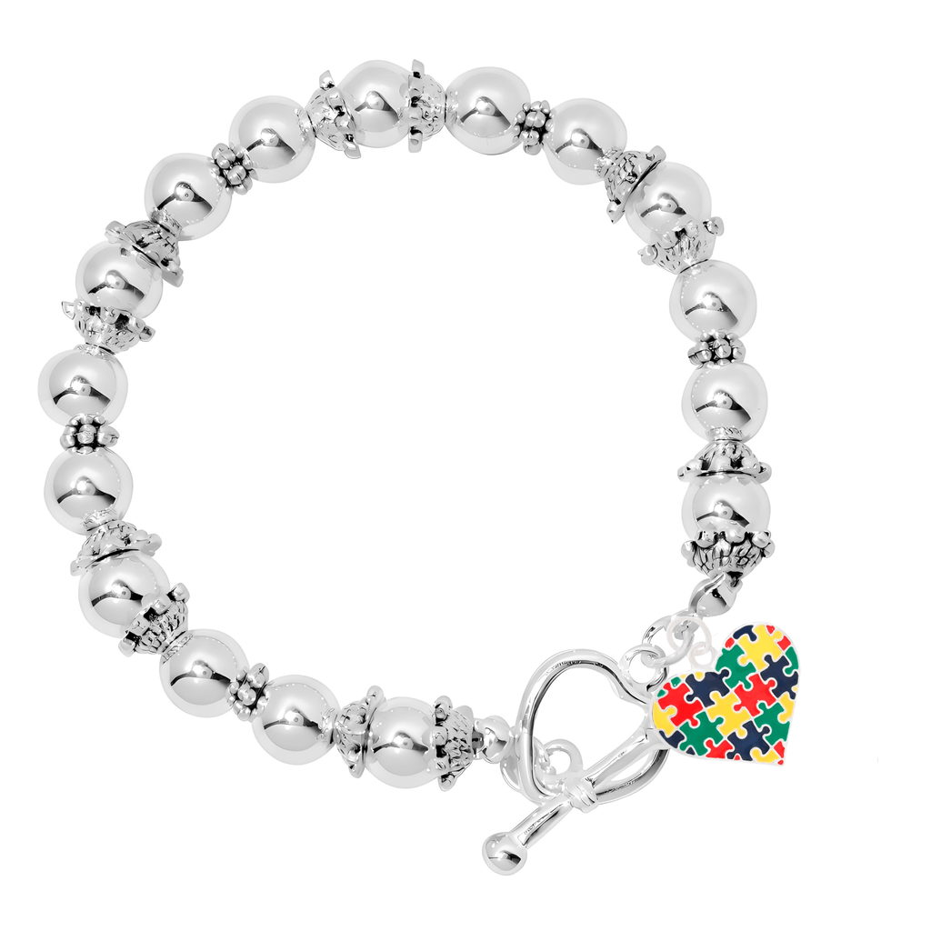 Colored Heart Puzzle Piece Autism Beaded Charm Bracelets
